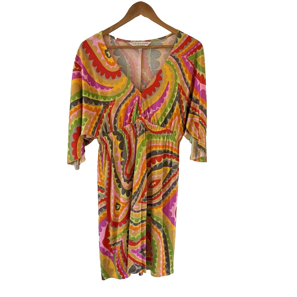 Trina Turk 100% Silk Mini Dress Womens Size M Paisley Cover Up Resort Pink